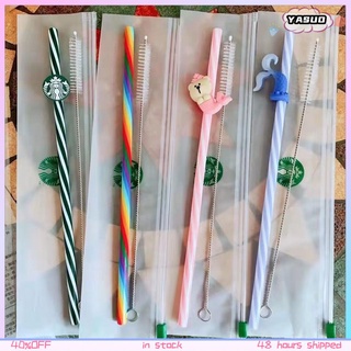 Starbucks Mermaid Straw พร้อมแปรงถ้วยสร้างสรรค์การ์ตูนหมีฟางหมวกฟางเสียบ