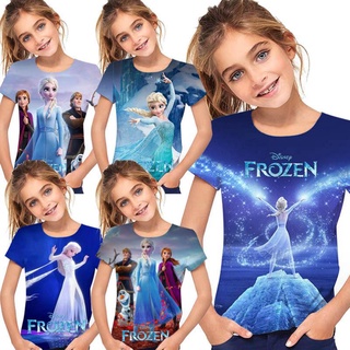 เสื้อยืด พิมพ์ลายการ์ตูนอนิเมะ Frozen Elsa เหมาะกับของขวัญวันเกิด แฟชั่นฤดูร้อน สําหรับเด็กผู้หญิง (อายุ 3-12 ปี)