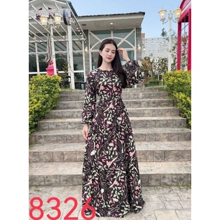 8326# ชุดเดรสผ้าชีฟองเนื้อทราย🌼 พิมพ์​ลายดอกไม้สุดน่ารัก💐