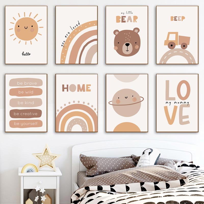 ตกแต่งห้องเด็กโปสเตอร์หมี Sun รถ Rainbow Wall Decor ภาพวาดผ้าใบ LOVE พิมพ์ Baby Room Decor ตกแต่งบ้าน