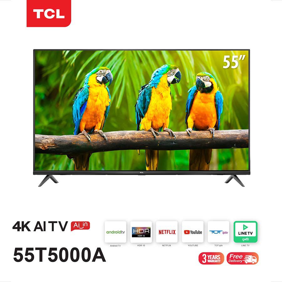 TCL ทีวี 55 นิ้ว LED 4K UHD Android TV 9.0 Wifi Smart TV OS Google assistant (รุ่น 55T5000A)