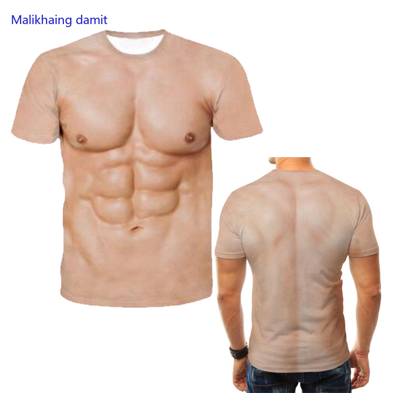 ผู้ชายs Muscle 三维 พิมพ์เสื้อสวมหัวแขนสั้นลําลองเสื้อยืดท็อปส์เสื้อที