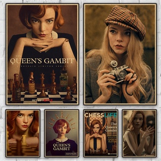 โปสเตอร์กระดาษคราฟท์ พิมพ์ลายภาพยนตร์ The Queens Gambit สไตล์เรโทร สําหรับตกแต่งบ้าน