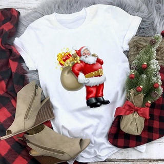 Women Fashion Merry Christmas Harajuku T-shirt Santa Pattern Printingt Shirt White Hipster Suitable All Seasons Tshirt F