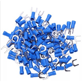 50pcs หางปลาปลายง่าม Blue Fork Wire Connector Crimp 6.0 mm.