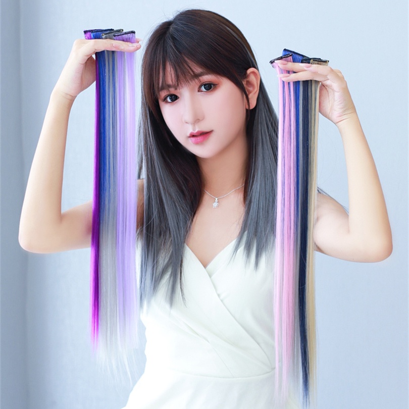 มีพร้อมส่ง กิ๊บช่อผม ไฮไลท์ ฮาราจูกุ ติดง่าย พร้อมส่ง วิกผมผู้หญิงหลากสีวิกผมมนุษย์วิกผม 55 ซม.