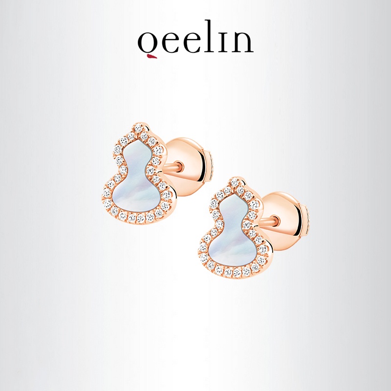 925 Silver Qeelin Wulu Rose Gold Diamond Mother-of-Pearl Gourd ต่างหู