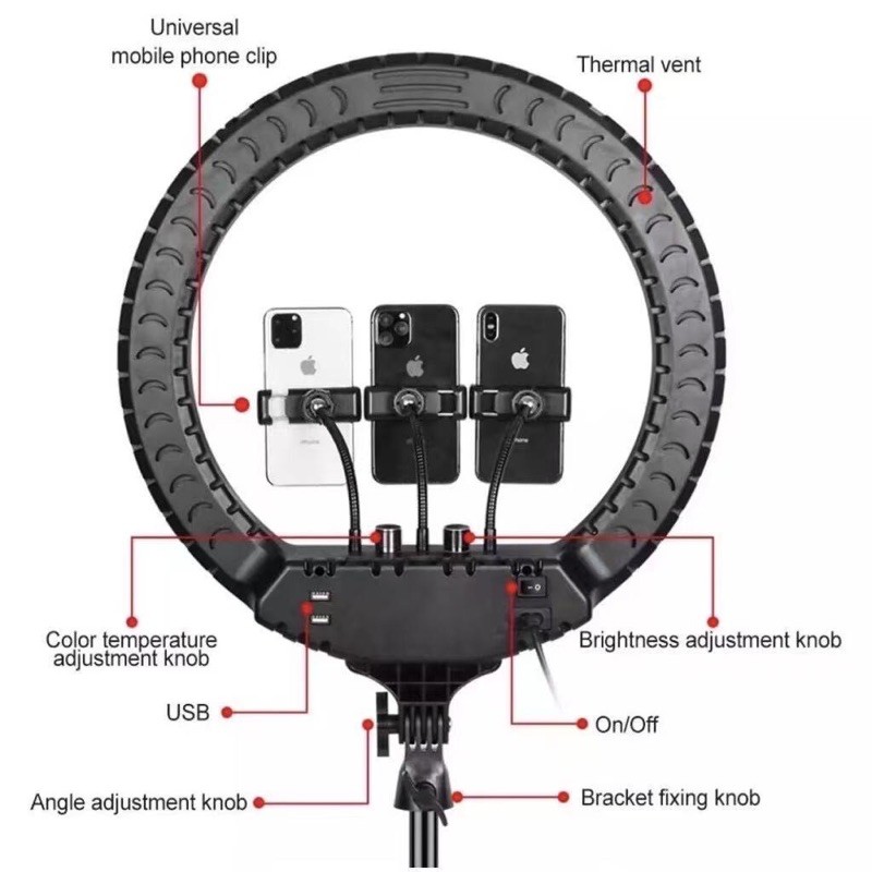 ไฟไลฟ์สด รุ่น LED RING ขนาด 14/18/21 นิ้ว มีช่องUSBสามารถชาร์จแบตโทรศัพท์ได้ ไฟแต่งหน้า ไฟLive สด ปรับสีได้ 3 โหมด มีUSB