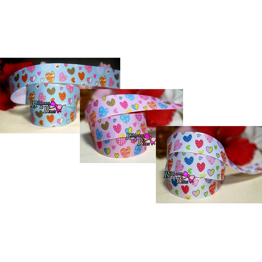 ริบบิ้นลูกฟูกลายหัวใจ ขนาด 25, 10 มม. แบ่งขาย 1 หลา พร้อมส่ง 1