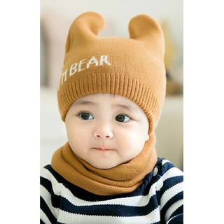 เซ็ตหมวกไหมพรมหูตั้ง อักษร I M BEAR มาพร้อมผ้าสวมคอ GZMM
