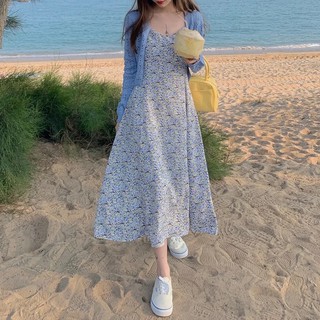 พร้อมส่ง เดรสสายเดี่ยว+เสื้อคลุมไหมพรมถัก เดรสลายดอก