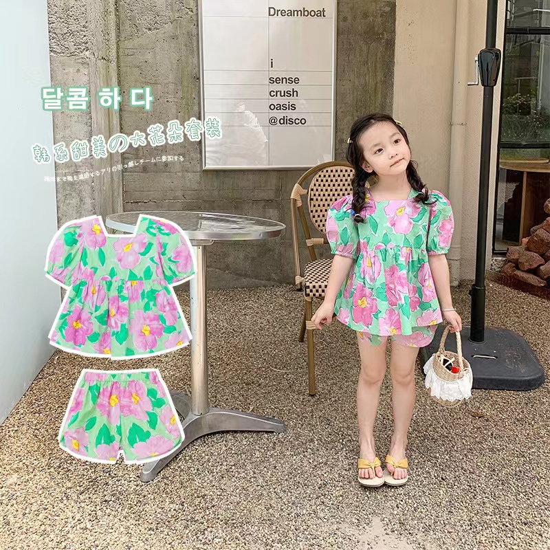 NANA💕พร้อมส่ง💕2022ชุดเซ็ทเด็กผู้หญิง เสื้อเด็ก เสื้อเเขนตุ๊กตากางเกงขาสั้น