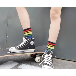 ถุงเท้าแฟชั่น 🌈ลายสายรุ้ง 🌈ฟรีไซส ถุงเท้าข้อกลาง ลายทางสีสันสด Rainbow socks NO.17