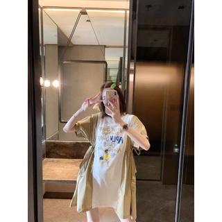 🤎🤍New Dress 🤍🤎เดรสผ้ายืดแต่งผ้าเชิ้ตแขนตุ๊กตา สกรีนตัวหนังสือภาษาอังกฤษ  งานเก๋สุดๆ น่ารักไม่ไหว jk