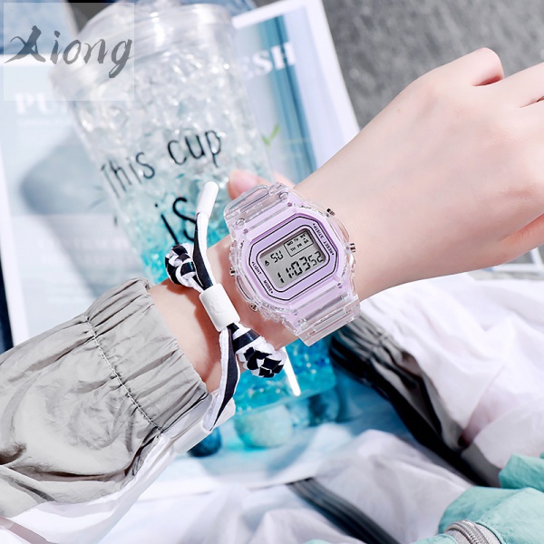 นาฬิกาอิเล็กทรอนิกส์ LED ทรงสี่เหลี่ยม สีโปร่งใส อเนกประสงค์ แฟชั่นคู่รัก สไตล์สปอร์ต