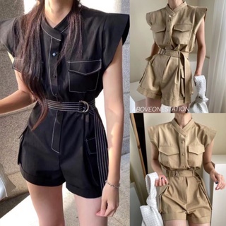 New!!! Jumpsuit safari style ขาสั้นทรงแขนล้ำแต่งกระเป๋าทรงสวยมาพร้อมเข็มขัดเข้าชุดงานสวยจัดด่วนค่ะ belleito