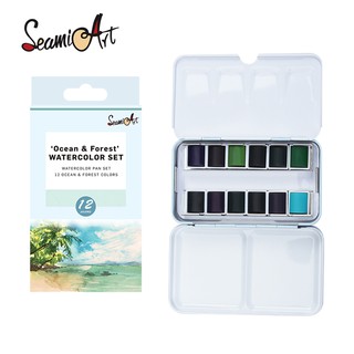 SeamiArt 12pcs/set Ocean &amp; Forest Colors Solid Watercolor with 1pc Portable Metal box_Art Supplies/Stationery