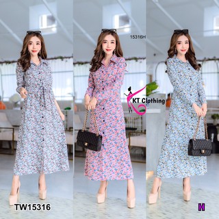 SS15316 Dress แม็กซี่เดรสกระดุมผ่าหน้าลายดอกผูกเอว