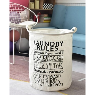 ตะกร้าผ้าลินิน ทรงกลม สกรีนข้อความ Round Linen Laundry Basket