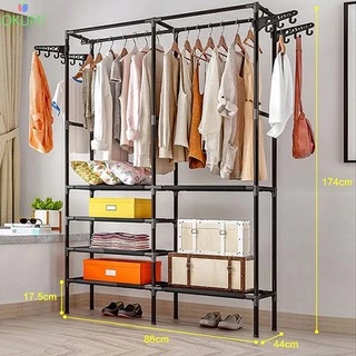 OKUMI_SHOP ราวแขวนผ้าทรงสี่เหลี่ยม ราวตากผ้า พร้อมชั้นวางของและตะขอแขวนหมุนได้360องศา (K-205)