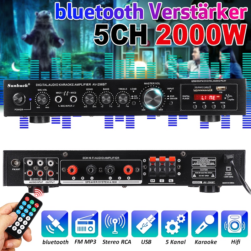 2000W Bluetooth 4 โอห์ม 5 CH คาราโอเกะเพาเวอร์สเตอริโอไฮไฟเบส AV เครื่องขยายเสียงรอบทิศทาง