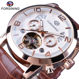 Forsining Brown Genuine Leather Strap Tourbillion Luxury Maltifuction Display Men Business Automatic Watches Top Brand L