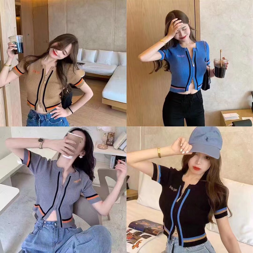 Bonnie(พร้อมส่ง/ใหม่)#1921Summer 2024 เสื้อสเวตเตอร์แขนสั้นทรงสลิมฟิตเอวสั้นเสื้อยืดผู้หญิง
