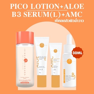 VIKKASKINCARE Pico 100ml + B3 30ml + AMC 10g + AlOE 30g  เซ็ตสิวผิวฉ่ำวาว น้ำตบเห็ด เซรั่มลดสิว แต้มสิวลดการอักเสบ ลดรอย