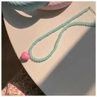 สร้อยคอโซ่ จี้ลูกปัดอะคริลิค รูปหัวใจ สีชมพู สีแคนดี้