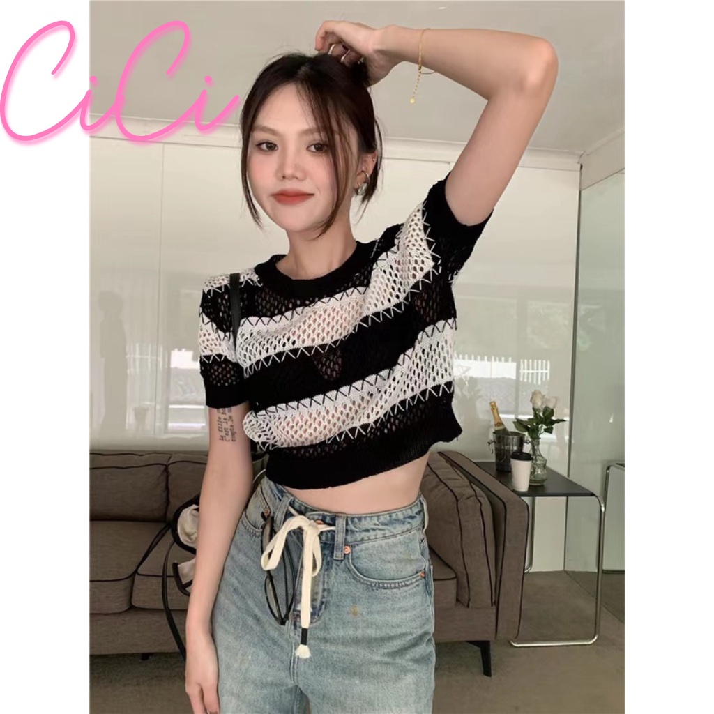 ส่งทันที Cici ❣🇹🇭🚚พร้อมส่ง❣(NO. 1260)เสื้อครอปไหมพรมแขนลายสั้นตาข่าย ลายทาง สุดsexy ซู่ซ่า สวยสะบัด