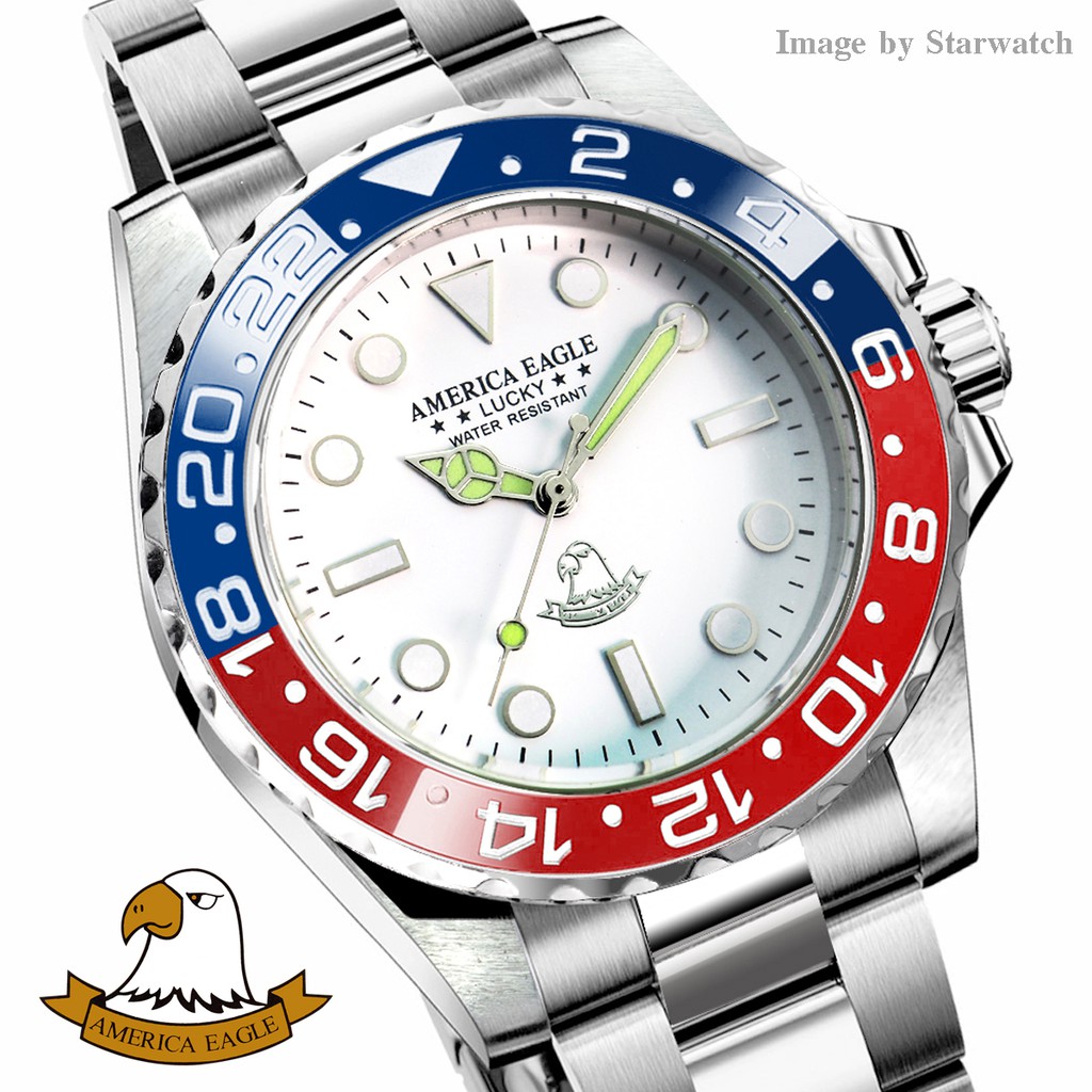 นาฬิกา 🔥AMERICA EAGLE🔥 สำหรับผู้ชาย สายสแตนเลส กันน้ำ ของแท้ รุ่น AE048G - Silver/ฺBlueRed