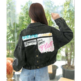 Jacket fashion แจ็คเก็ตยีนส์แขนยาว กระดุมหลังแต่งลายสกรีน 279#