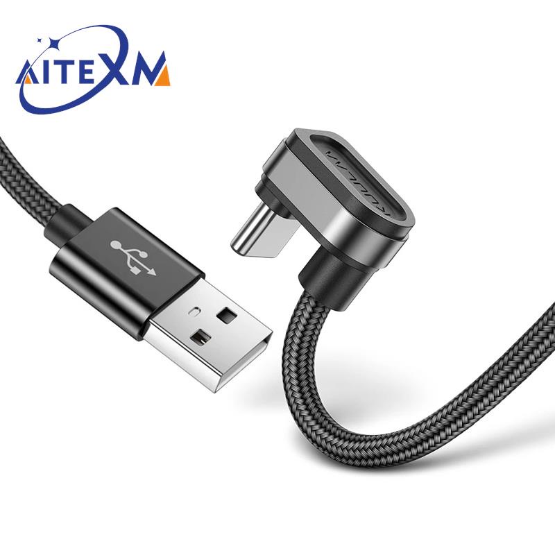 สายชาร์จเร็ว USB-C Type-C 1M USBC TypeC 180° สายเคเบิลไนล่อน ปลั๊กเสียบมุม สําหรับโทรศัพท์มือถือ Samsung Huawei Xiaomi