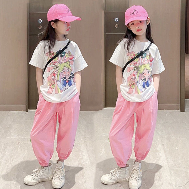 Akaki เด็กแฟชั่นชุดฤดูร้อนทอดถนนสุทธิสีแดงระเบิดพิมพ์เสื้อยืดสาวต่างประเทศแฟชั่นสูงสองชิ้น