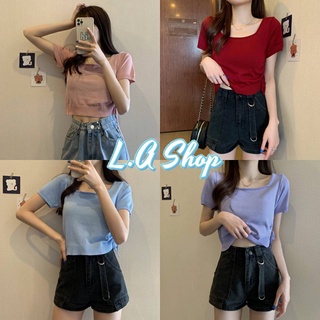 L.A Shop -พร้อมส่ง เสื้อไหมพรมแขนสั้นสีพาสเทล​ ดีเทลเชือกรูดข้างสุดเก๋ "3487"