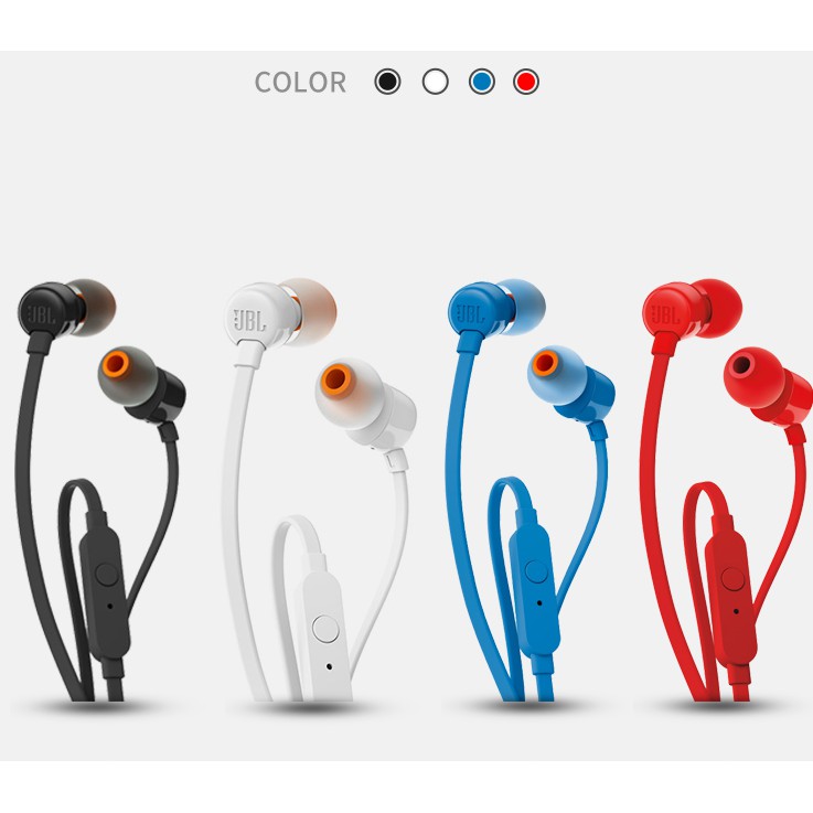 JBL T110 เสียงเบสชุดหูฟังสเตอริโอชนิดใส่ในหูพร้อมสาย 3.5 มม. สำหรับหูฟังไมโครโฟนกีฬาเพลง