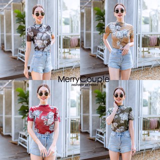 Roses Vintage Top สวยแซ่บ เสื้อคอเต่าแขนสั้น เนื้อผ้าซีทรูหนาพิมพ์ลายดอกกุหลาบทั้งตัวคะ สวยเปรี้ยวมากแถมใส่สบาย