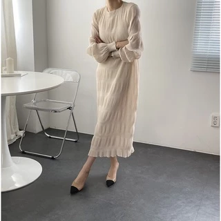 🇹🇭พร้อมส่ง(5-33)Dress Korea เดรสผ้าชีฟองอัดพลีทย่น เรียบแต่หรู น่ารัก ใส่ทำงาน เที่ยวออกงาน คลุมท้อง