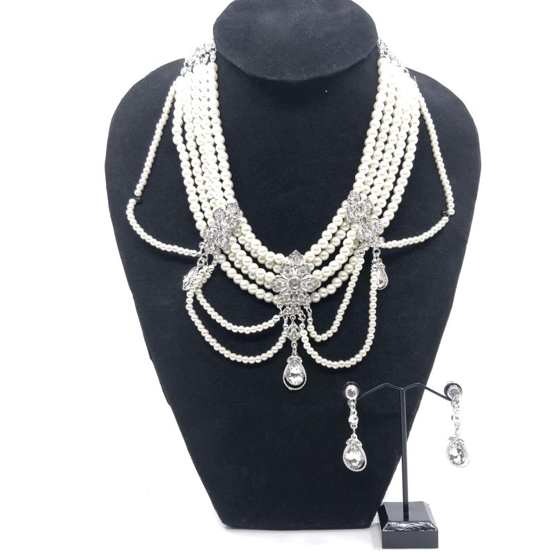 Vintage jewelry สร้อยคอไข่มุกฝ่ายเจ้าสาวย้อนยุคมุกเทียมเพชรต่างหูสร้อยคอชุดPearl necklace set - รูปที่ 7