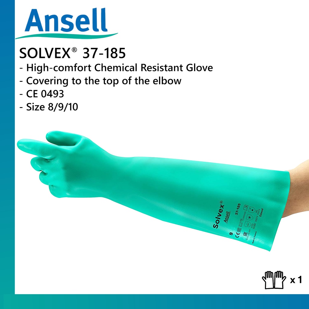 ANSELL Solvex® 37-185 ถุงมือกันเคมีที่สะดวกสบายสูง [ขนาด: 8 / 9 / 10]