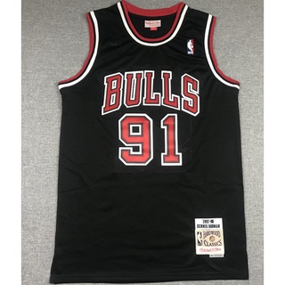 1997-98 NBA Chicago Bulls รองเท้าลําลอง สําหรับผู้ชาย #เสื้อกีฬาบาสเก็ตบอล ปักลาย Dennis Rodman M&amp;N 91 สีดํา สไตล์เรโทร