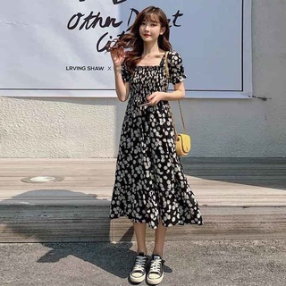 ชุดเดรสยาว แขนสั้น ผ้าชีฟอง เปิดหลัง ลายดอกไม้ และดอกเดซี่ ขนาดเล็ก สไตล์ฝรั่งเศส สําหรับผู้หญิง