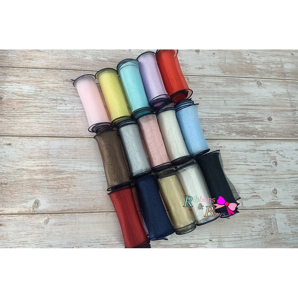 พร้อมส่ง  ริบบิ้นผ้าไหมแก้ว เย็บขอบสีดำ ริบบิ้นผ้าเกาหลี กว้าง 10 ซม. (ขายเป็นหลา)
