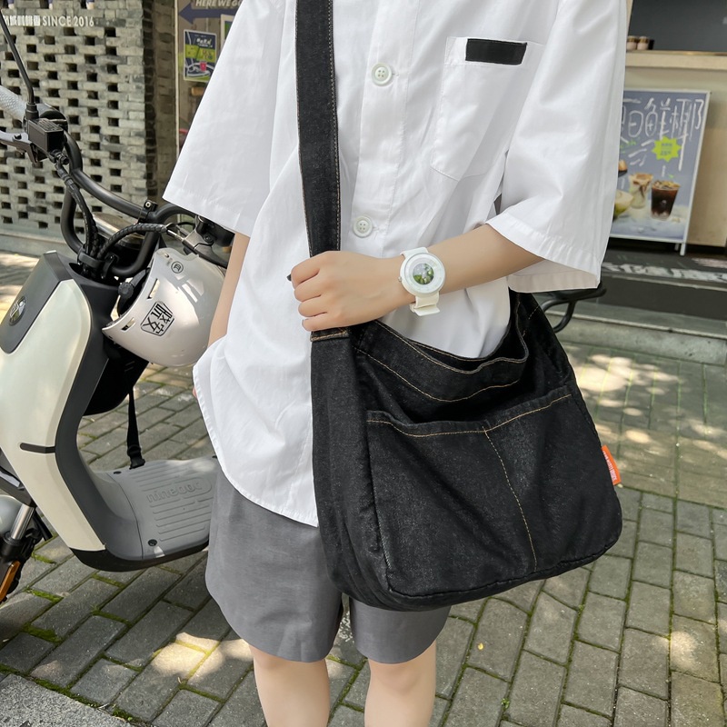 Ulzzang กระเป๋าสะพายไหล่ สะพายข้าง ผ้าแคนวาส สไตล์เกาหลี แฟชั่นสําหรับผู้ชาย