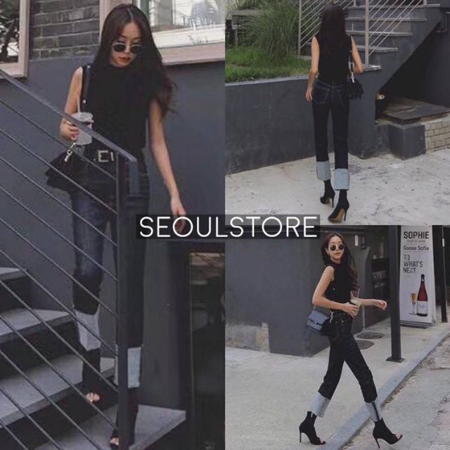 seoulstore<br />กางเกงยีนขายาวสีดำ jeans<br />🇰🇷by ทรงสวยเป๊ะ korea New!! 🌟 แต่งฟอกที่หน้าขา เก๋ๆ