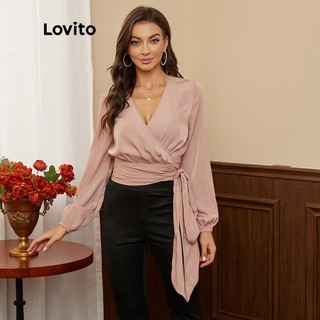 Lovito เสื้อป้ายหน้า แบบผูกเชือก คอวี สีพื้น แบบหรูหรา L17D056 (สีชมพู)