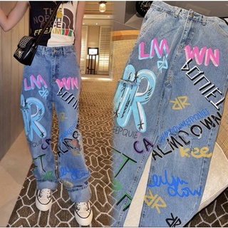 👖กางเกงยีนส์ขากระบอกพิมพ์ลายแต่ขาดเพิ่มความเกร์👖