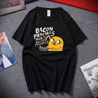 สไตล์แฟชั่นแขนสั้นผจญภัยเวลาเจคและฟินน์เบคอนแพนเค้กเสื้อยืดสีขาวสีดําที @=N