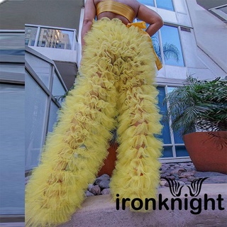 ironknight-Women´s Solid Color Patchwork Multi-Layer Ruffle Yarn High Waist Tulle Pants