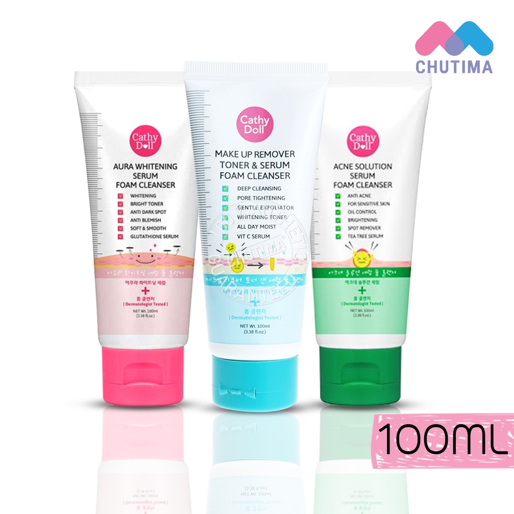 โฟมล้างหน้า เคที่ดอลล์ Cathy Doll Serum Foam Cleanser Aura Whitening/Acne Solution/Make Up Remover Toner 100g.